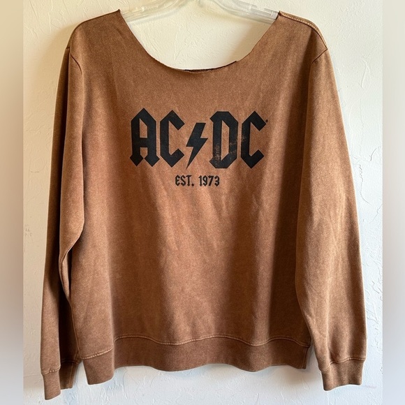 Tops - Rock Band AC/DC Rust Brown Festival Retro Neck Cut Out Baggy Sweatshirt Sz XL